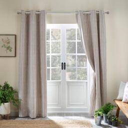 Catherine Lansfield Logan Stripe 46x54 Inch Lined Eyelet Curtains Two Panels Natural
