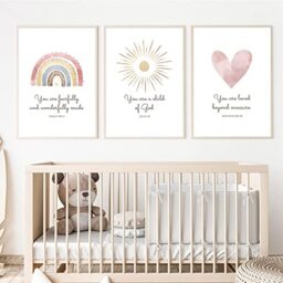 Boho Nursery Wall Art 3 Pieces Bible Verse Nursery Art Christian Girls Nursery Wall Art Heart Rainbow Sun Nursery Art Print Boho Sunshine Decor for Girl Baby Kid Room Decor 12x16 Inch Unframed