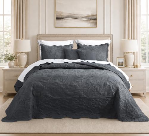 HZ & HY Oversized Queen Bedspread, Stitched Paisley, Dark Grey - Generous Coverage, 5-Piece Quilt Set, Lightweight Reversible Coverlet, Scalloped Edge, Modern Classic Look