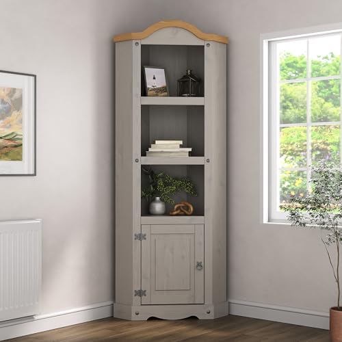 Corona Grey Corner Display Bookcase Unit Mexican Solid Pine with Elegant Contrasting Gunmetal Finish Handles and Hinges