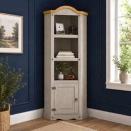 Corona Grey Corner Display Bookcase Unit Mexican Solid Pine with Elegant Contrasting Gunmetal Finish Handles and Hinges