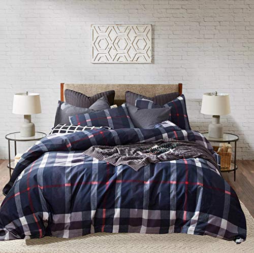 KAREVER Navy Plaid Comforter Set Queen Multicolor Checkered Bedding Quilt Set Navy Blue Tartan Grid Comforter Striped for Women Teens Adult Navy Blue Checkered Blanket Set