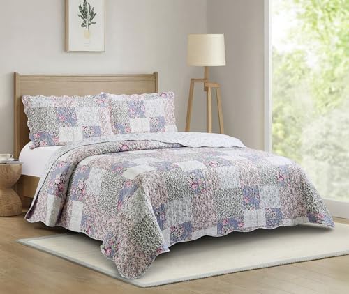 "Brilliant Sunshine Blue & Pink Roses Toile Patchwork Quilt, Twin Size - Soft Reversible Bedspread, Lightweight Coverlet with Shams, Washable Bedding Set, All Seasons, 108""x90""+2 20""x36"""