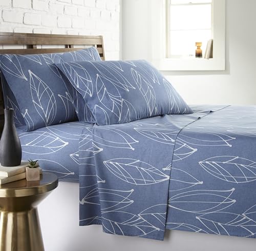 Southshore Fine Living, Inc. 4-Piece Botanical Sheets Set, 15 Inch Deep Pocket Cal King Size Sheet Sets, Microfiber Bedsheets Leaf Printed Sheet Set California King Size - Modern Foliage White on Blue