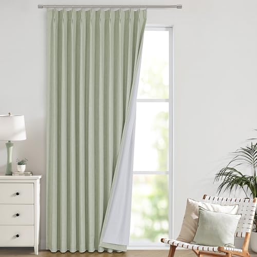 "Vision Home Soft Green Pinch Pleated Full Blackout Curtains Linen Blended Room Darkening Window Curtains 102 inch for Living Room Bedroom Thermal Insulated Pinch Pleat Drapes with Hooks 60"" Wx102 Lx1"