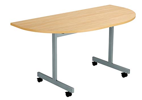 Office Hippo D-End Office Table, Sturdy & Stylish Tilting Table Desk, Work Table For Home Office, Versatile Desk Table For Meeting Room or Boardroom - 5 Yr Guarantee - Oak / Silver