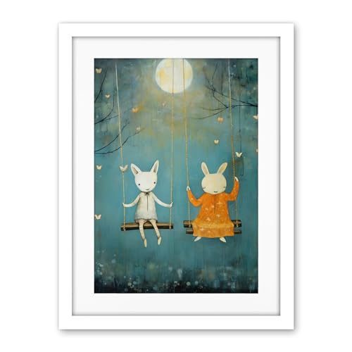 Rabbits on a Swing with Moonlit Butterflies Calming Baby Nursery Artwork Framed Wall Art Print 18X24 Inch