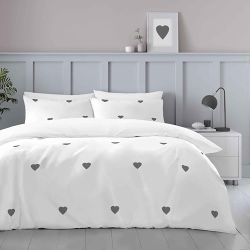 GC GAVENO CAVAILIA Super King Duvet Cover - White Bedding & Linen Set With Pillowcases - Heart Bed Cover Sets - Polycotton Soft Comforter Cover (260x220 cm)