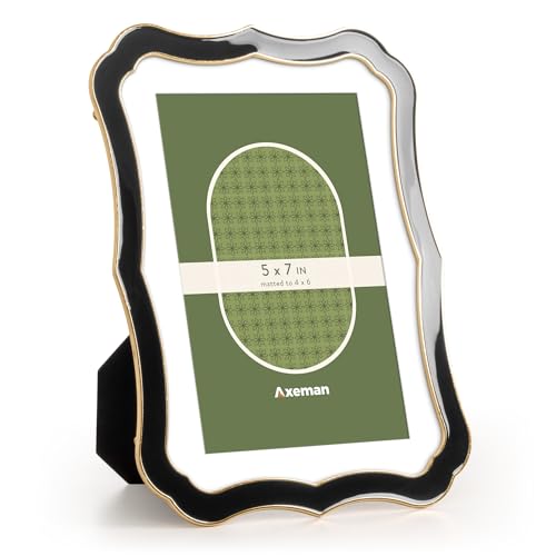 Axeman 5x7 Enamel Picture Frame with Mat for 4x6 Photo-Tempered Glass-5 x 7 Modern Ornate Photo Frame with Gold Metal Edge Velvet Back for Tabletop and Wall Mount Display, Black