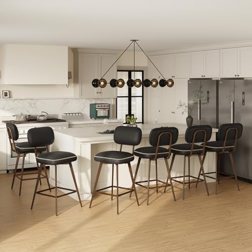MALOL PU Leather Breakfast Bar Stools Set of 6, Swivel Kitchen Bar Chairs with Backrest and Metal Legs, Modern Barstools Counter with Anti-Slip Pads for Kitchen Island, Dining Room, Black