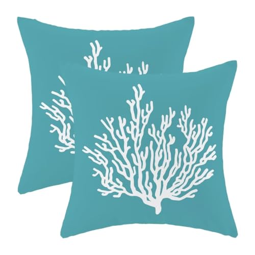 AEIOAE Natical Coastal Pillow Covers 18 X 18 Inch Set of 2, Teal Decorative Throw Pillow Covers Linen Beach Ocean Theme Pillowcase for Couch Home Sofa Indoor Outdoor Decor