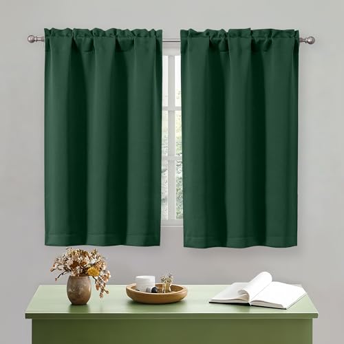 "OWENIE Ever Green Short Blackout Curtains 45 Inch Length 2 Panels Set for Small Kitchen Bedroom Window, Rod Pocket Privacy Curtains Tier for Bathroom Basement Cabinet Camper RV Bunk, Each 30"" Wx45 L"
