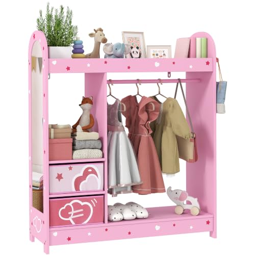 AIYAPLAY Kids Clothes Rail, Kids Wardrobe with Mirror, for Girls, Pink - Shelves, Fabric Storage Boxes, Side Hooks, Children Dress up Storage, Bedroom, Nursery