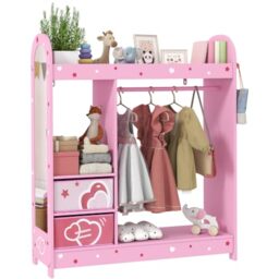 AIYAPLAY Kids Clothes Rail, Kids Wardrobe with Mirror, for Girls, Pink - Shelves, Fabric Storage Boxes, Side Hooks, Children Dress up Storage, Bedroom, Nursery