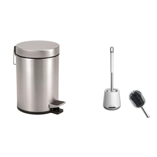 Axentia Stainless Steel Matte Brushed & Rustproof Pedal Bin 3L & Ibergrif M34152 Silicone Toilet Brushes & Holders, Deep Cleaner
