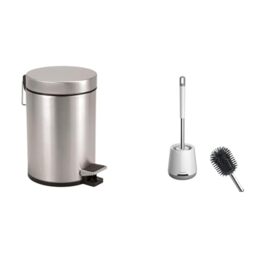 Axentia Stainless Steel Matte Brushed & Rustproof Pedal Bin 3L & Ibergrif M34152 Silicone Toilet Brushes & Holders, Deep Cleaner