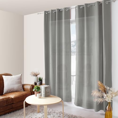 ED ENJOY HOME Light Grey Curtain 140 x 240 cm Metal Eyelets Microfibre Fabric Voile Look Cotton for Bedroom and Living Room