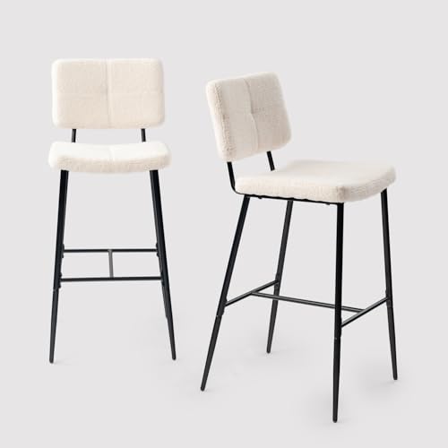 MEUBLE COSY Bar Stools Set of 2, Kitchen Breakfast Bar Chairs with Backrest Footrest, 75 cm Tall Seat, Steel Frame, Boucle Fabric Upholstered, Beige