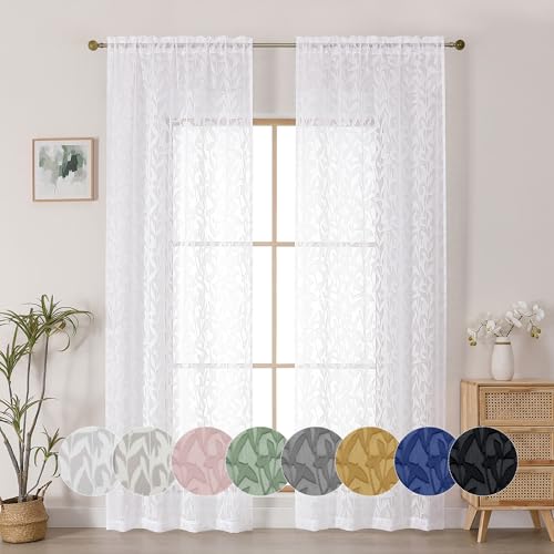 OWENIE Leyna Sheer White Curtains 84 Inches Long for Living Room Bedroom 2 Panels Set, Modern Clip Jacquard Leaves Textured Light Filtering Curtains, Double Rod Pockets Window Drapes, 40Wx84L Inch