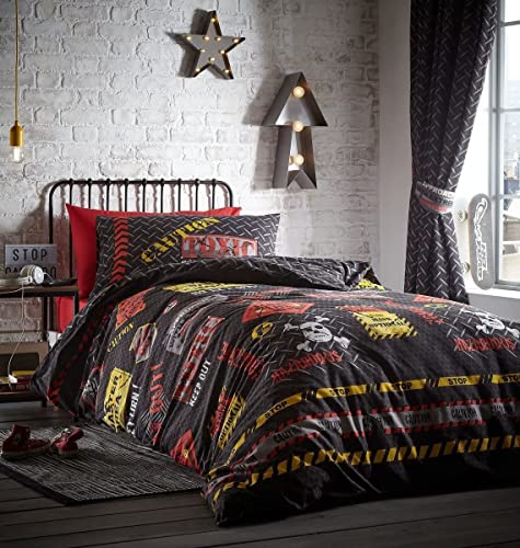 "TOXIC Caution Glow in the Dark Reversible Duvet Cover Set Bedding Range multi Curtains: 66"" width x 54"" drop"