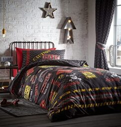 "TOXIC Caution Glow in the Dark Reversible Duvet Cover Set Bedding Range multi Curtains: 66"" width x 54"" drop"