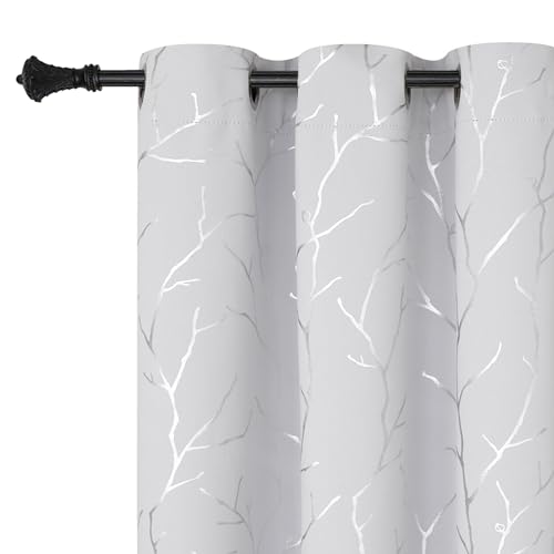 BUHUA White Blackout Curtain Panels,Room Darkening Curtains 96 Inches Long Grommet,Thermal Insulated Window Curtains with Silver Tree Branches Print,38W x 96L,Greyish White,2 Panels
