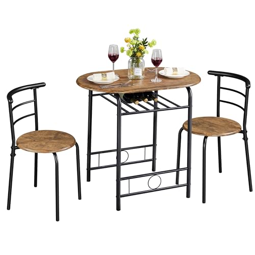 Yaheetech 3 Piece Dining Room Set, Modern Dining Table and Chairs Set of 2, Compact Bar Table and Chairs with Metal Legs and Shelf Storage for Kitchen/Apartment/Small Space, Brown
