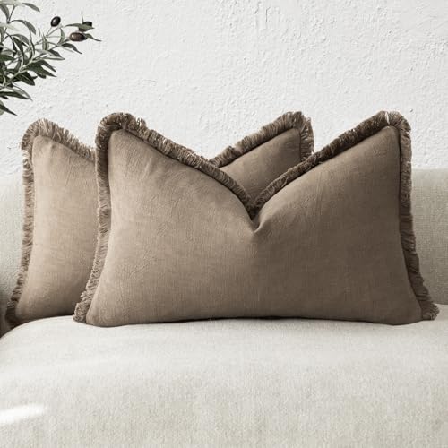 Foindtower Set of 2 Decorative Linen Fringe Lumbar Throw Pillow Covers Boho Farmhouse Cushion Cover with Tassels Soft Accent Pillowcase for Couch Sofa Bed Living Room Home Decor,12×20 Inch,Light Brown