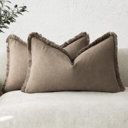 Foindtower Set of 2 Decorative Linen Fringe Lumbar Throw Pillow Covers Boho Farmhouse Cushion Cover with Tassels Soft Accent Pillowcase for Couch Sofa Bed Living Room Home Decor,12×20 Inch,Light Brown