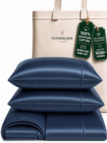 Cloud Scape Linen Engineered Dual-Ply Egyptian Cotton Queen Size Sheet Set ??? Long-Staple Sateen Weave, 4-Piece Soft Hotel Quality Bedding Set,Deep Pockets Up to 17???, Dark Denim