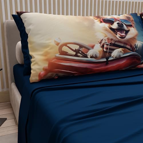 PETTI Artigiani Italiani - Animal Bed Linen with Dogs in Cotton with Pillowcases in Digital Print, Single Bed Sheet, Blue Single Bed Set, 100% Made in Italy