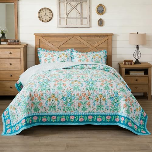 HoneiLife Floral Quilt Queen Size - Wildflower Quilt Sets 3-Piece, Microfiber Bedspreads Spring Coverlets Lightweight Bed Cover, Queen Quilt Bedding Sets Summer Quilts