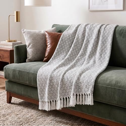 Americanflat 50x60 Throw Blanket - Soft and Breathable Cotton Throw Blanket for Couch, Bed, Chair - Decorative Blanket Perfect for Home, Office, or Outdoor Use - Cloud Grey and White Mini Diamond