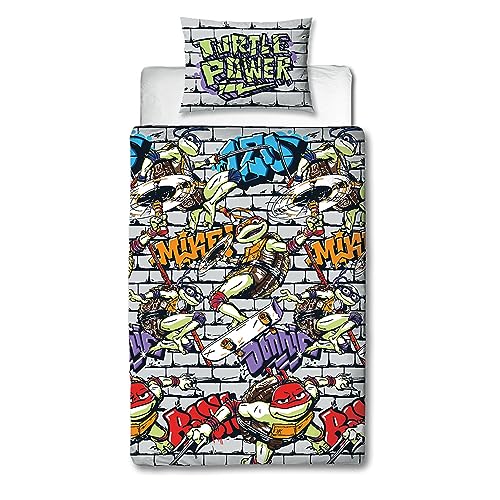 Character World Official Teenage Mutant Ninja Turtles Single Duvet Cover Set - Power Design Reversible 2 Sided Bedding Including Matching Pillow Case TNMT Single Bed Set, Green