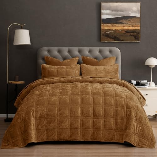 "PHF Ultra Soft Velvet Quilt Set Queen Size 90"" x 92"" - 3PCS Luxurious Cozy with Diamond Pattern, Breathable Quilted Bedspread, Home Decor Gift, 1 Coverlet with 2 Matching Shams, Rusty Burnt Orange"
