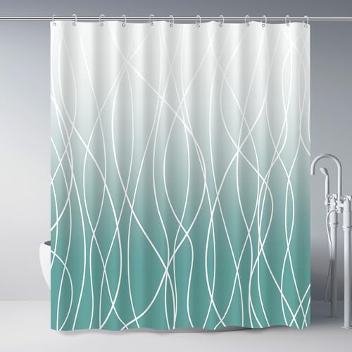 Punkray Ombre Teal Striped Polyester Shower Curtain for Bathroom with Hooks, Shower Curtains for Bathroom, Waterproof Bath Accessories Hotel Style - Machine Washable 72 x 72