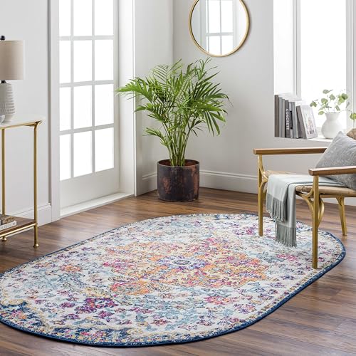 Livabliss Lou Asmara Vintage Carpet 152x245 cm – Multicolour Boho Style for Living Room, Dining & Kitchen, Easy Care Floor Covering, Blue Orange