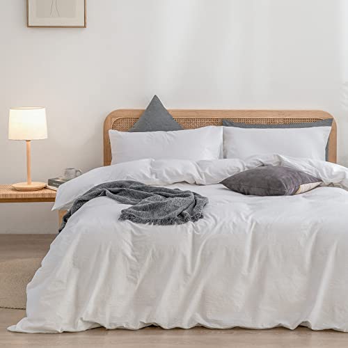 BESTOUCH Cotton Solid Duvet Cover Set Bright White Oversized Queen - 100% Washed Cotton, Soft Wrinkle Texture, Hidden Zipper, 8 Ties, Breathable Lightweight Durable Comfy, 3 Pcs No Insert