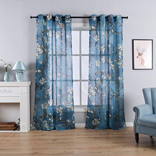 Taisier Home Chinese Style Plum Blossom Sheer Curtain Artistic Print Curtains 84 Inches Long for Living Room,Personalized Pattern Curtains 2 Panels Set???Grommet Top Style???