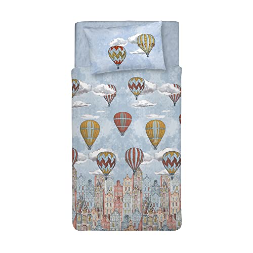 PENSIERI DELICATI Single Duvet Cover Set 100% Cotton, Complete with Sack 155 x 200 cm and 1 Pillowcase 52 x 82 cm, Made in Italy, Duvet Cover Washable In Machine At 40 °, Pattern Flying Orange