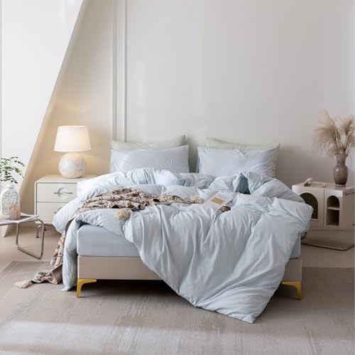 BDEAR Light Blue Vintage Duvet Cover Queen Size 90''Wx90''L for Spring and Summer, Percale Pinstriped Textured Duvet Cover with Zipper Closure and 2 Pillowcases, Light Weight and Ultra Soft