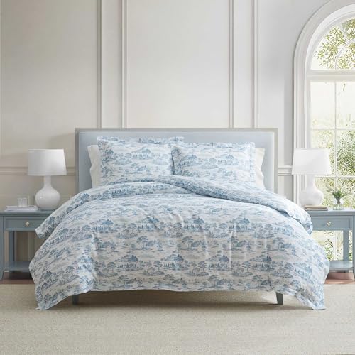 Martha Stewart - Queen Duvet Cover Set with Shams, Cotton Percale - Reversible, Cotton Sateen Front, Percale Reverse, Lightweight, Cool & Breathable, Button Closure, Easy Care