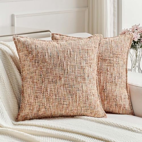 FUTEI Pack of 2 Tweed Chenille Throw Pillow Covers 22x22 Inch, Rust - Premium Chenille Front/ Smooth Velvet Back,Hidden Zipper,Machine Washable,Pilling-Resistant,Colorfast, Insert Not Included.