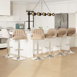 MALOL Adjustable Bar Stools Set of 6, Swivel Counter Stools with Backrest, Chenille & Faux Leather Upholstered Bar Chairs, Height Adjustable Kitchen Breakfast Bar Stools, Chrome Metal Base,Camel