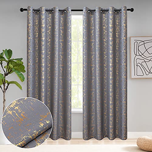 "Taisier Home Gold Foil Print Linen Textured Curtains - Geometric Dots Pattern Design for Bedroom & Living Room - Thermal Insulated Window Treatment, 2 Panels, 95"" L, Soft Grey and Gold"