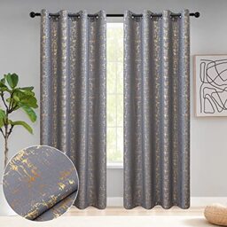 "Taisier Home Gold Foil Print Linen Textured Curtains - Geometric Dots Pattern Design for Bedroom & Living Room - Thermal Insulated Window Treatment, 2 Panels, 95"" L, Soft Grey and Gold"