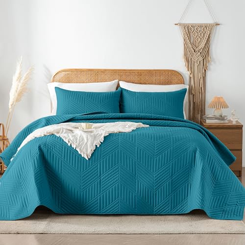 Davulos King Quilt Bedding Set,Teal Ultrasonic King/Cal King Quilt Set Reversible Microfiber Bedspread,Lightweight Soft Modern Geometric Coverlet Set for All Seasons(1 Quilt,2 Pillow Shams)