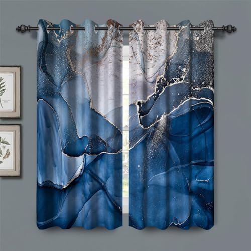 "Blue Gold Print Marble Blackout Curtains 45 inches Long,2 Panels 31""Wx45""L - Room Darkening Window Curtains,Polyester Thermal Insulated Drapes,Grommet Window Drapes,for Bedroom Living Room Dining Room"
