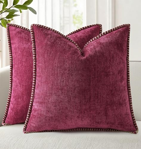 decorUhome Soft Chenille Throw Pillow Covers 16x16 Set of 2 Rhododendron - Christmas Textured Decorative Throw Pillow Cases Stitched Edge Modern Farmhouse Luxury Boho Velvet for Couch Sofa Bed Home