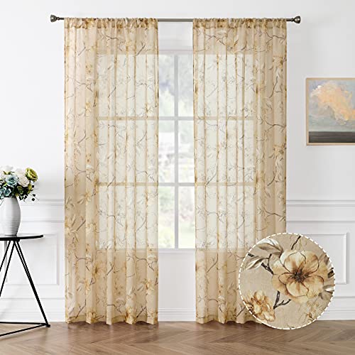 Tollpiz Sheer Curtain Beige Flower Leaf Printed Floral Embroidered Living Room Curtains Sheer Rod Pocket Voile Faux Linen Window Curtain for Bedroom, 54 x 72 inches Long, Set of 2 Panels